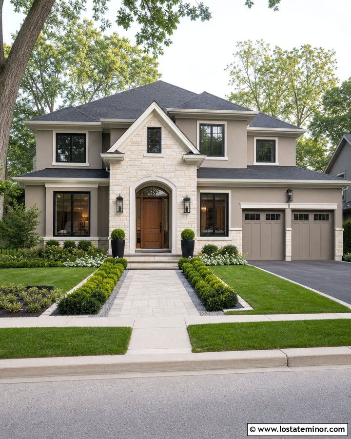 Taupe Transitional House With Stone Entry Gable - 30 Taupe House Design With Gables Ideas