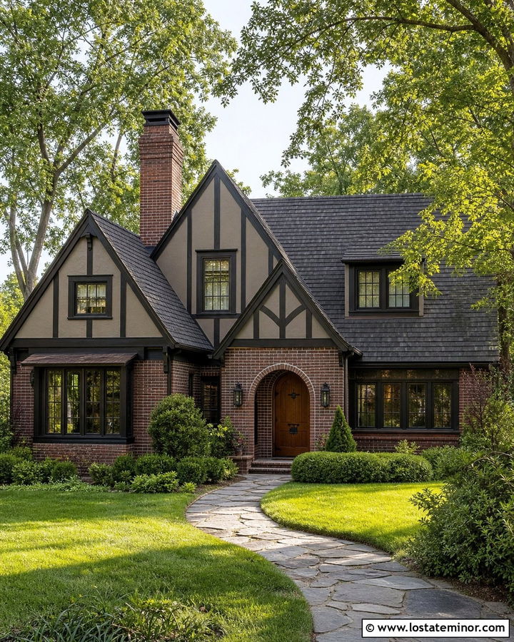 Taupe Tudor House With Brick - 30 Taupe House Design With Brick Accents Ideas