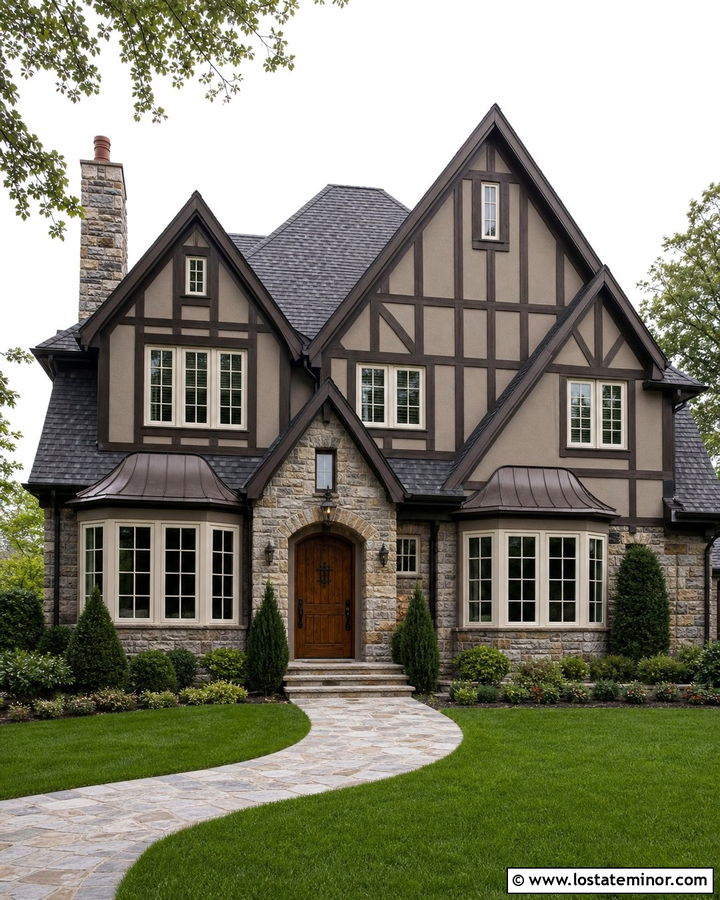 Taupe Tudor House With Bronze Awnings - 30 Taupe House Design With Awning Ideas