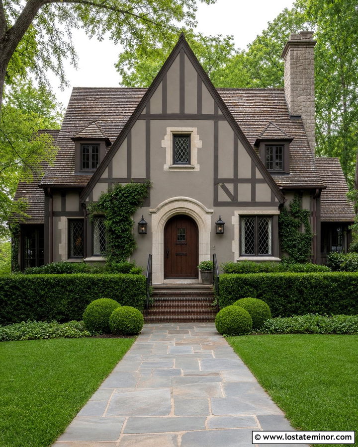 Taupe Tudor House With Bronze Coach Lights - 30 Taupe House Design With Light Fixtures Ideas