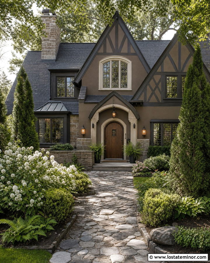 Taupe Tudor House With Cobblestone Walkway - 30 Taupe House Design With Walkway Ideas