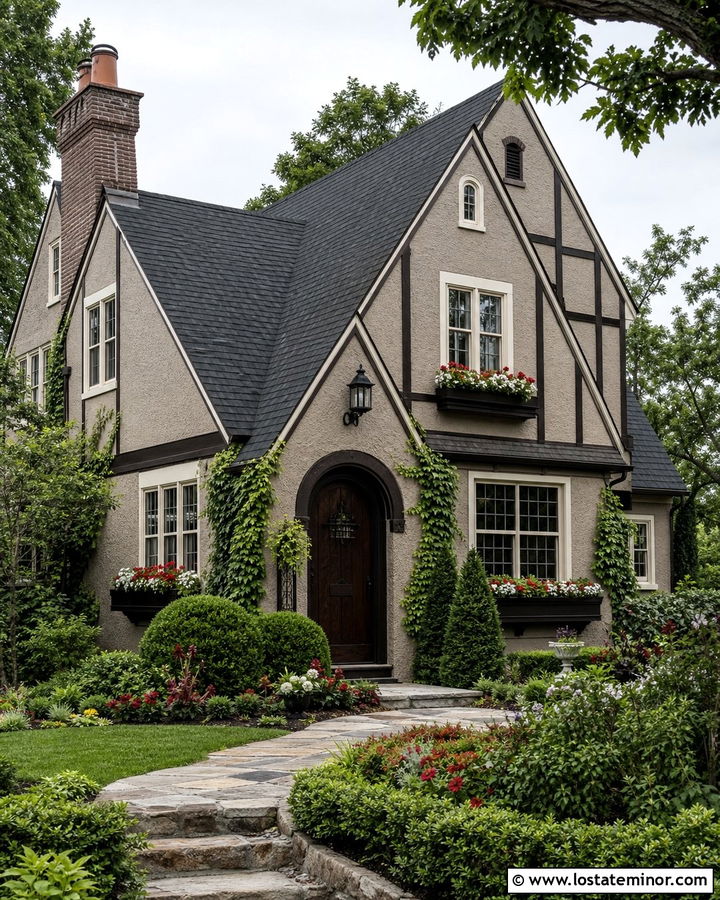 Taupe Tudor House With Dark Wood Window Boxes - 30 Taupe House Design With Window Boxes Ideas