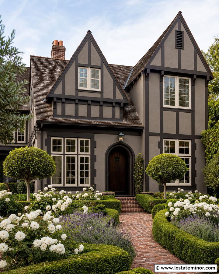 Taupe Tudor House With Formal Front Garden - 30 Taupe House Design With Front Yard Ideas