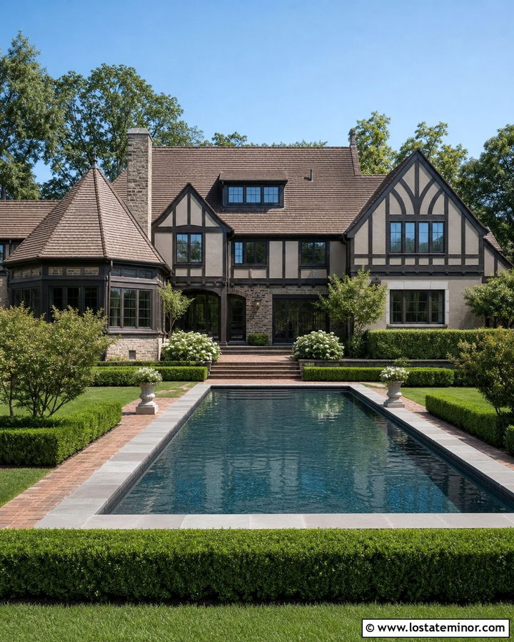 Taupe Tudor House With Formal Pool - 30 Taupe House Design With Swimming Pool Ideas