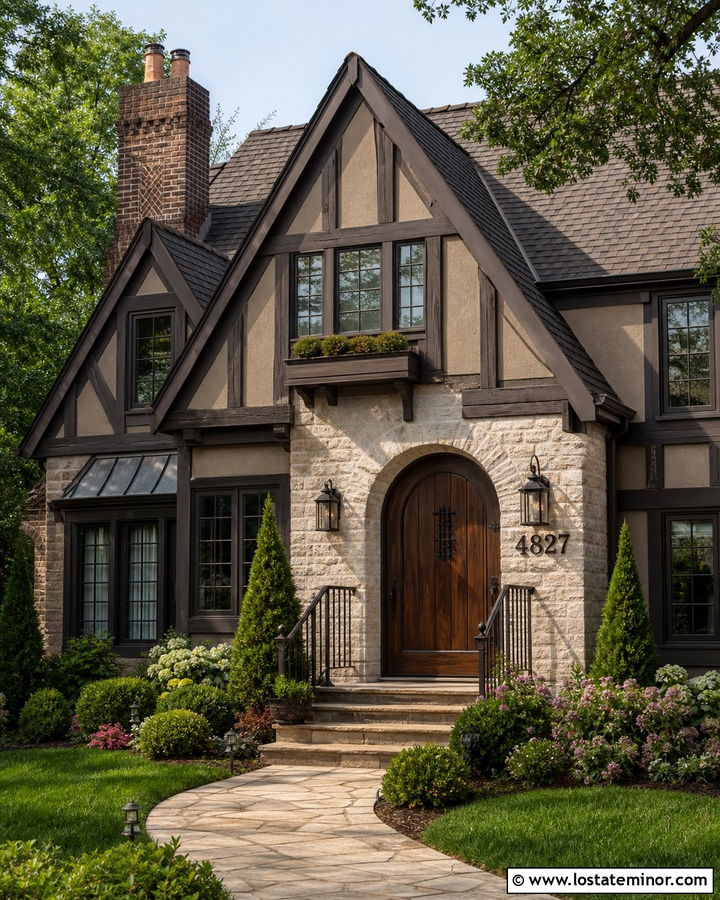 Taupe Tudor House With Iron House Numbers - 30 Taupe House Design With House Numbers Ideas