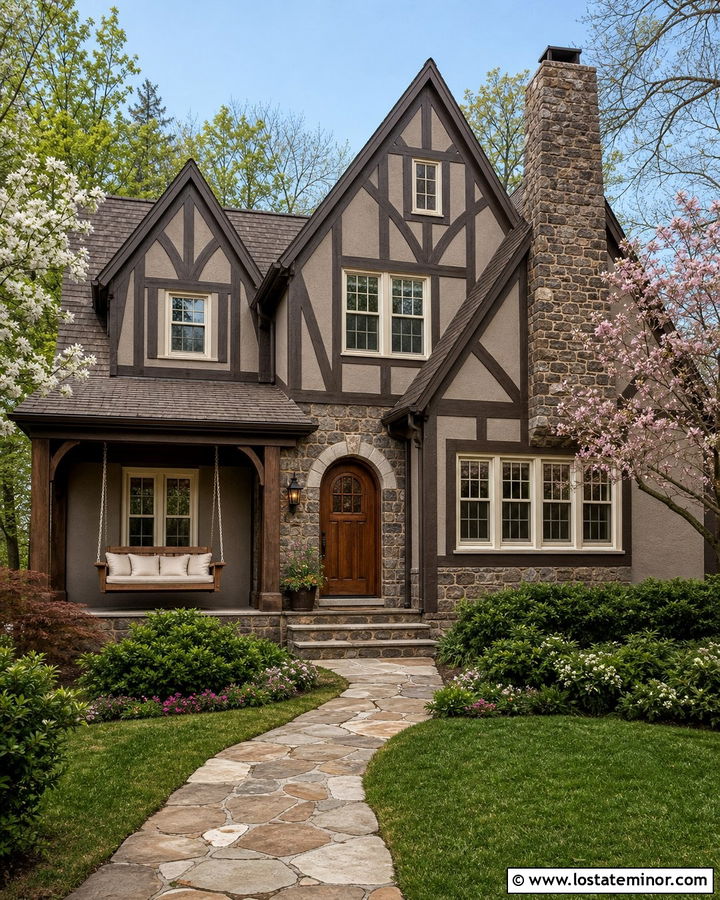 Taupe Tudor House With Oak Porch Swing - 30 Taupe House Design With Swing Ideas