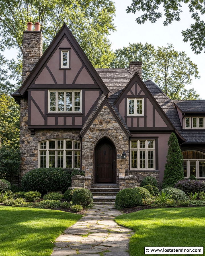 Taupe Tudor House With Rough Cut Stone - 30 Taupe House Design With Stone Accents Ideas