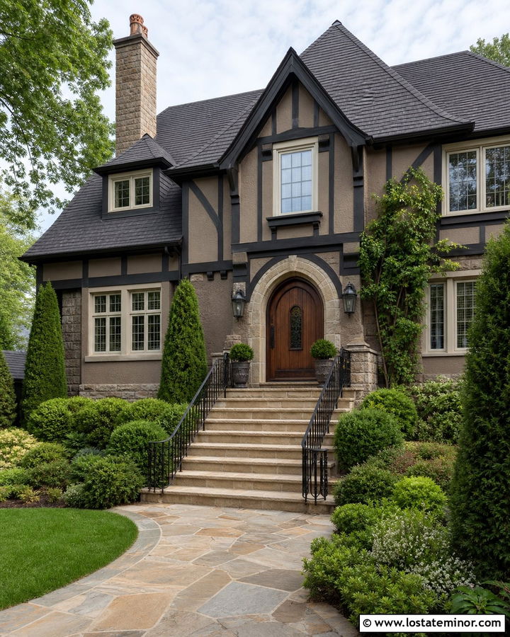 Taupe Tudor House With Sandstone Steps - 30 Taupe House Design With Steps Ideas