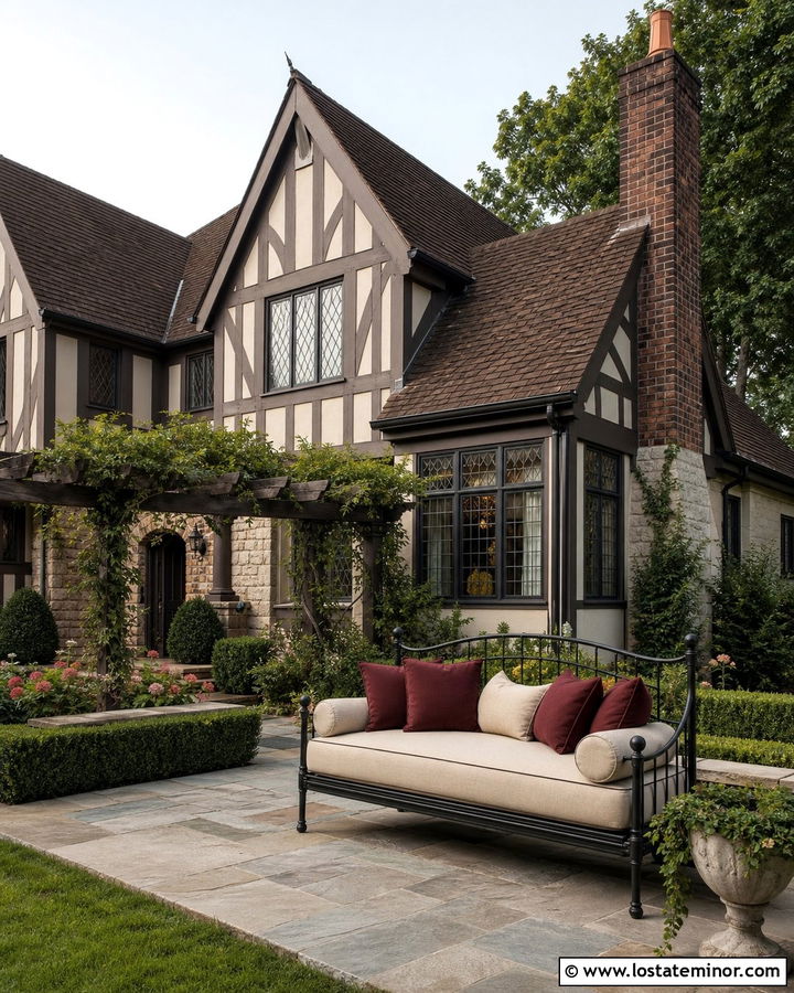 Taupe Tudor House With Terrace Daybed - 30 Taupe House Design With Daybed Ideas