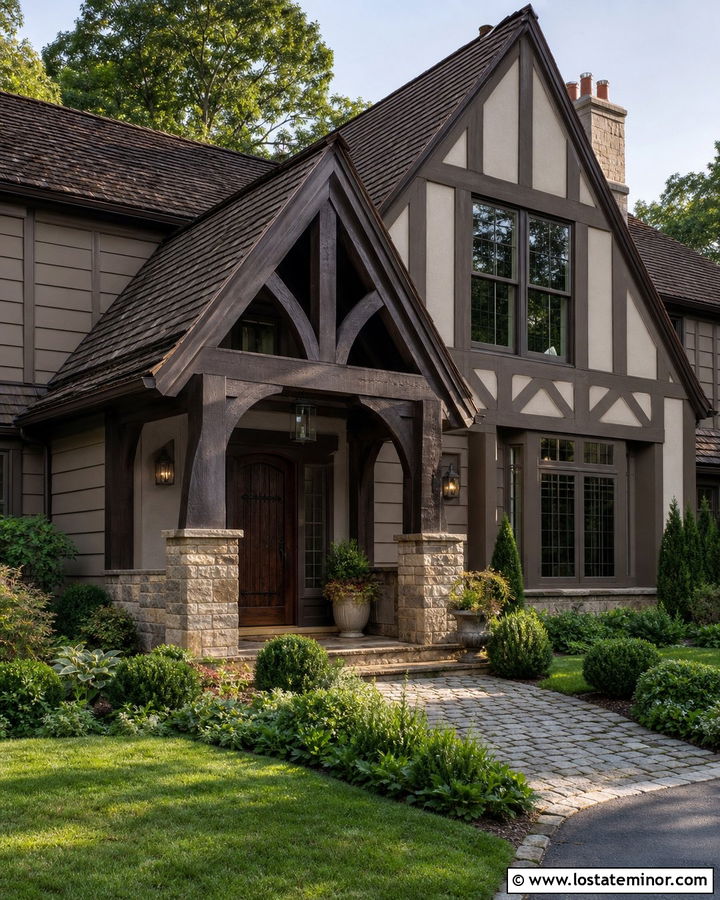 Taupe Tudor House With Timber Portico - 30 Taupe House Design With Portico Ideas