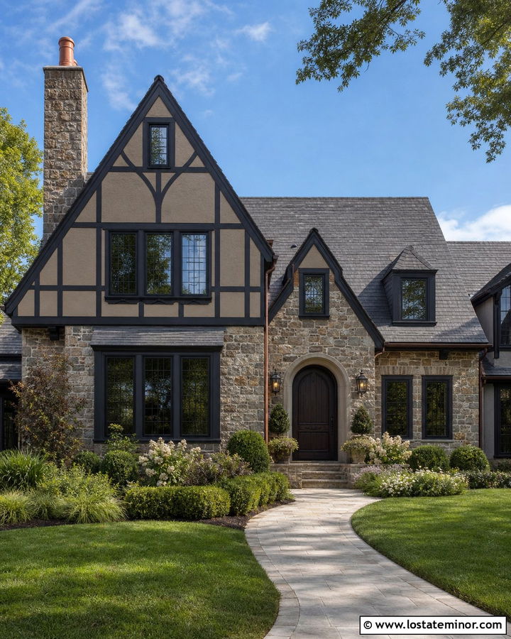 Taupe Tudor With Black Window Frames - 30 Taupe House Design With Window Frames Ideas