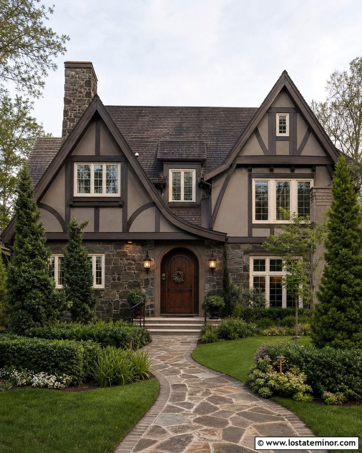 Taupe Tudor With Dark Stone Wainscoting - 30 Taupe House Design With Wainscoting Ideas