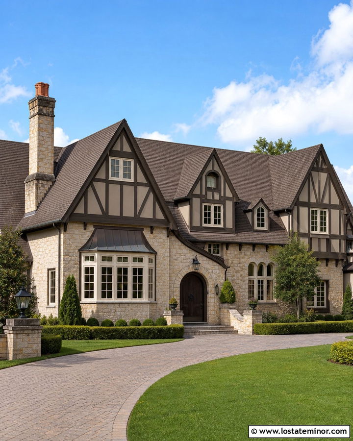 Taupe Tudor With Dark Timber Dormers - 30 Taupe House Design With Dormers Ideas