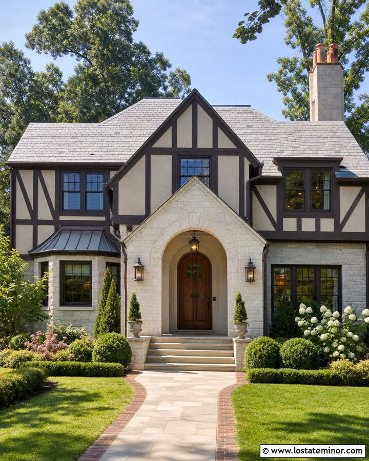 Taupe Tudor With Stone Front Porch - 30 Taupe House Design With Front Porch Ideas