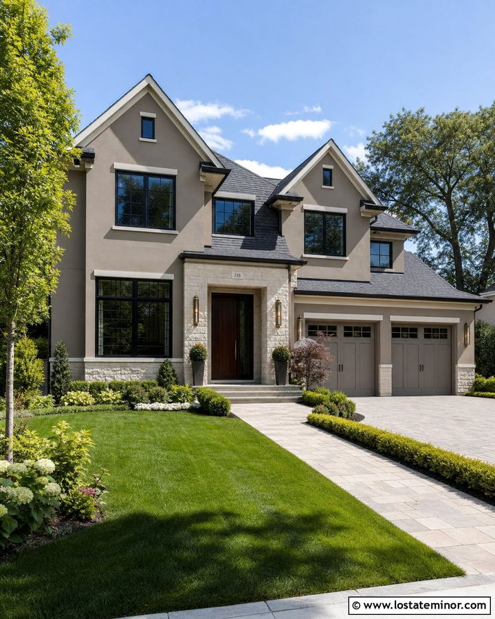 Taupe Two Story House With Brass Linear Lights - 30 Taupe House Design With Light Fixtures Ideas