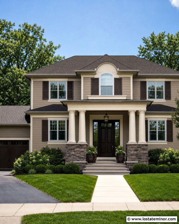 Taupe Two Story House With Double Column Portico - 30 Taupe House Design With Portico Ideas