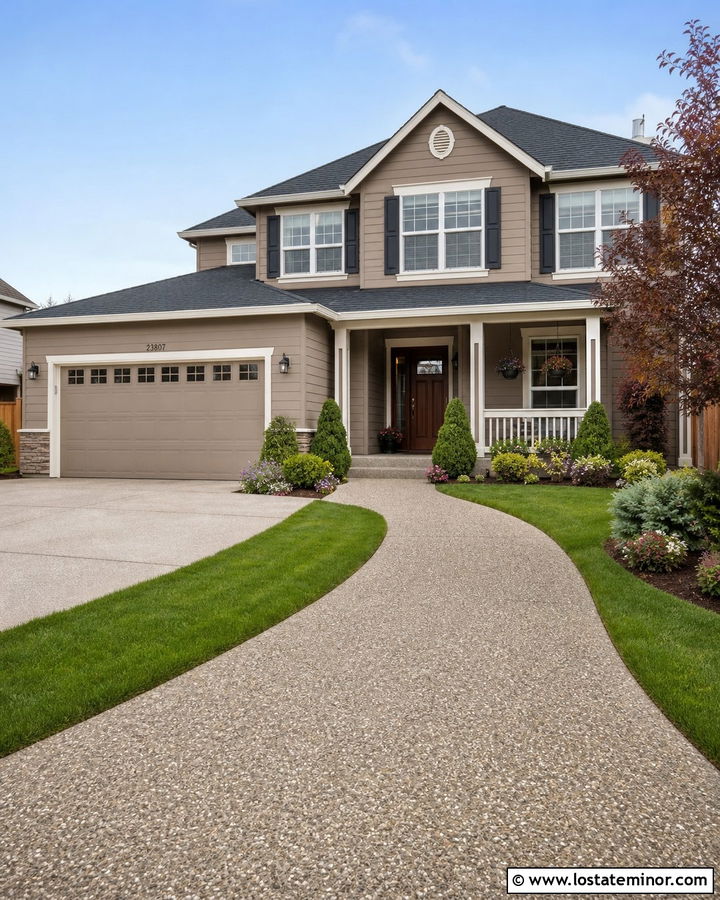 Taupe Two Story House With Exposed Aggregate Walkway - 30 Taupe House Design With Walkway Ideas