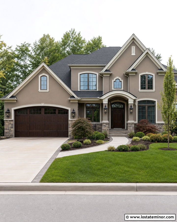 Taupe Two Story House With Garage Lighting - 30 Taupe House Design With Lighting Ideas