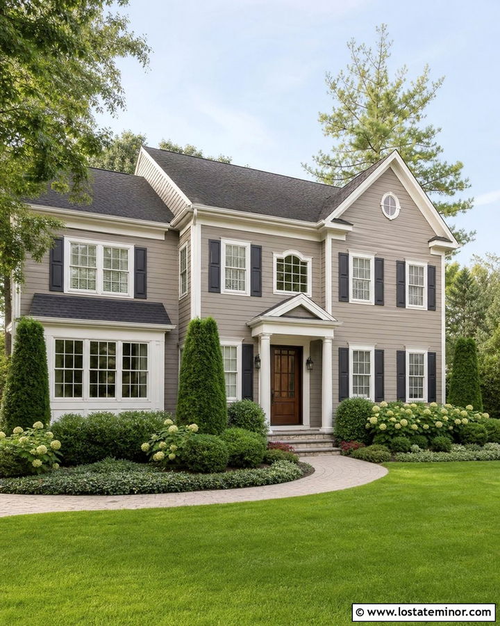 Taupe Two Story House With Layered Evergreen Beds - 30 Taupe House Design With Front Yard Ideas