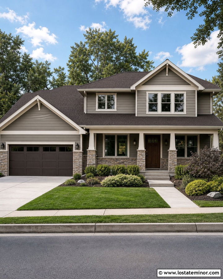 Taupe Two Story House With Stone Wainscoting - 30 Taupe House Design With Stone Accents Ideas