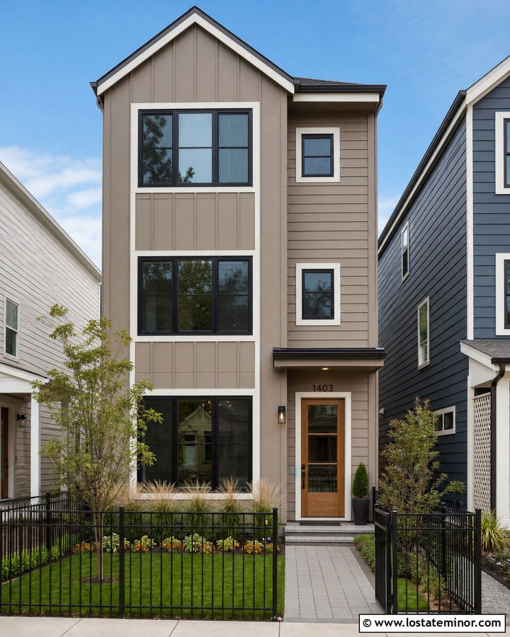 Taupe Urban House With Narrow Paver Walkway - 30 Taupe House Design With Walkway Ideas