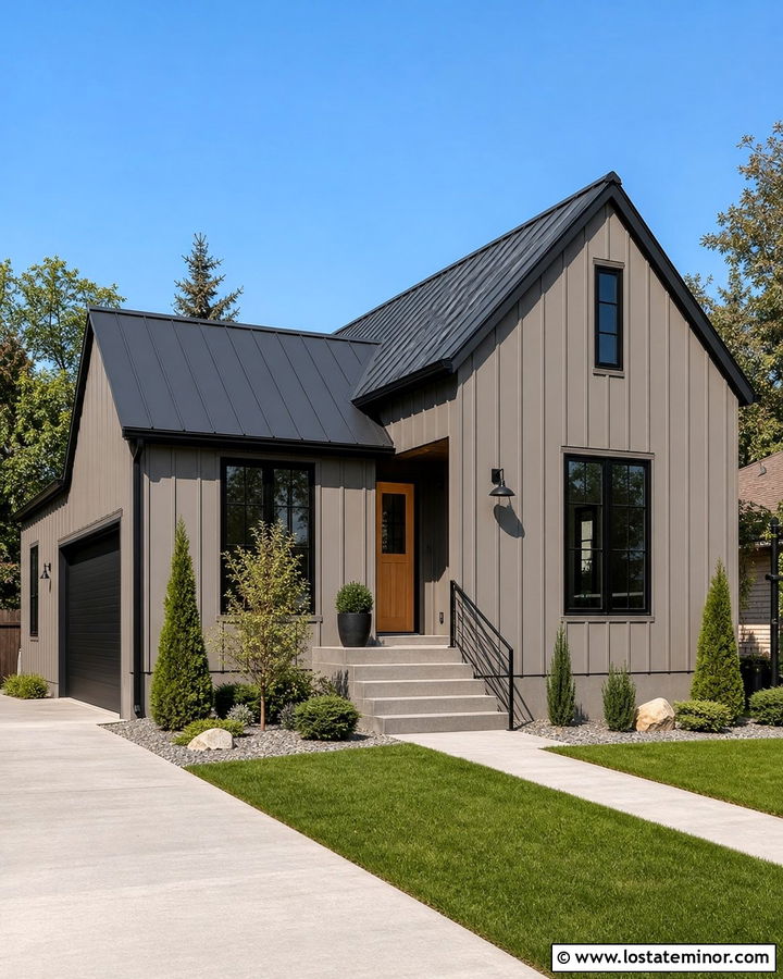 Taupe Vertical Siding With Black Windows - 30 Taupe House Design With Siding Ideas