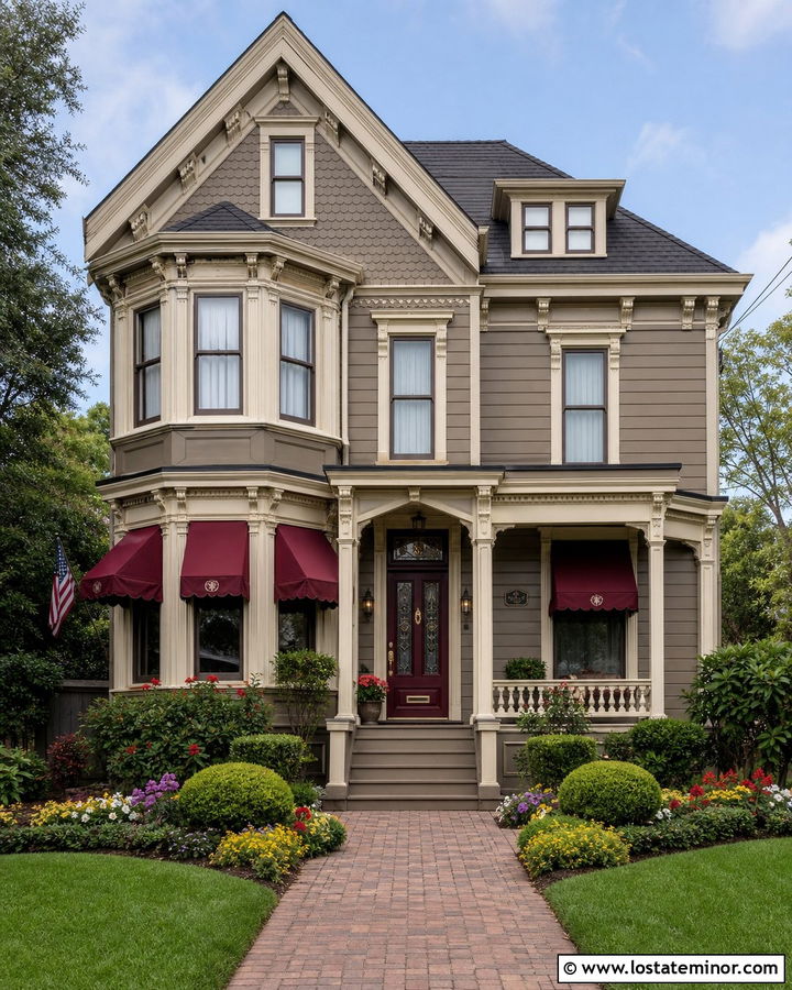 Taupe Victorian House With Burgundy Awnings - 30 Taupe House Design With Awning Ideas