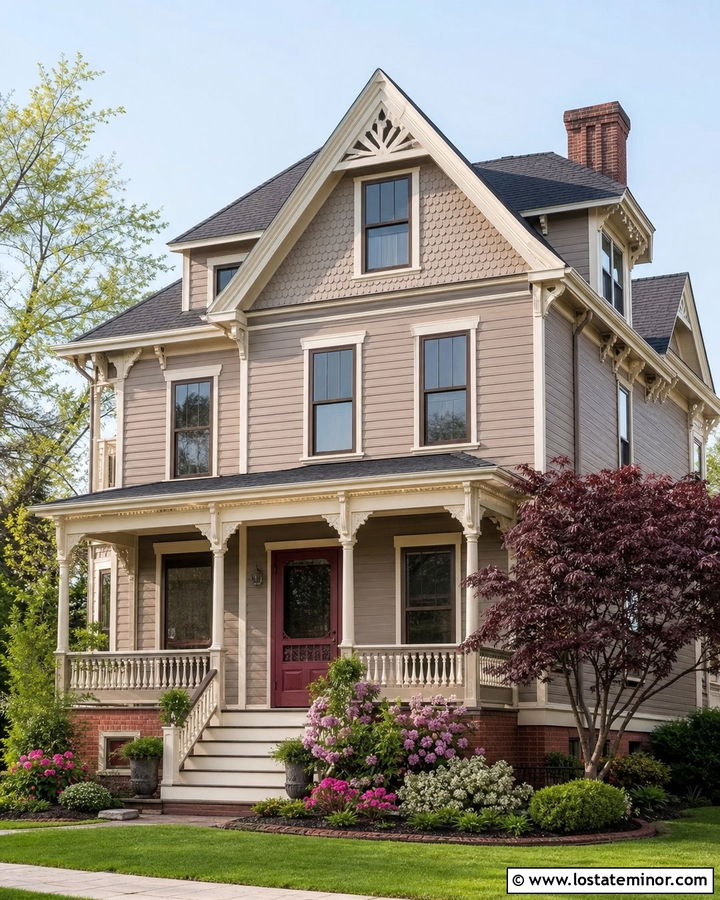 Taupe Victorian House With Burgundy Storm Door - 30 Taupe House Design With Storm Door Ideas