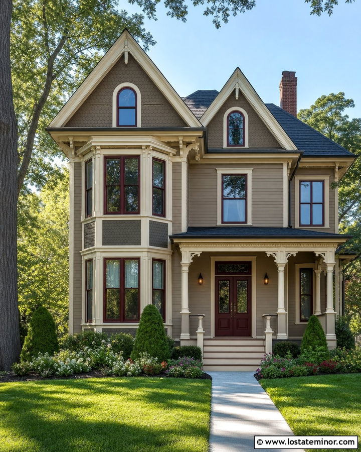 Taupe Victorian House With Burgundy Window Frames - 30 Taupe House Design With Window Frames Ideas
