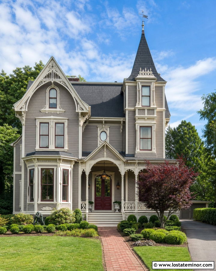 Taupe Victorian House With Copper Sconces - 30 Taupe House Design With Light Fixtures Ideas