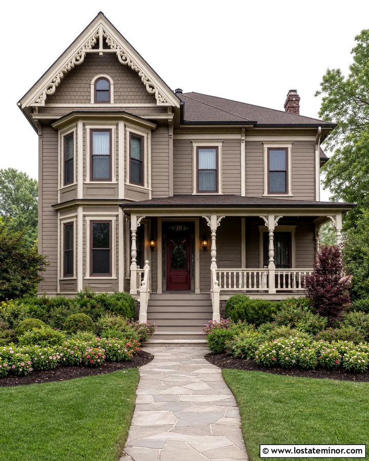 Taupe Victorian House With Cream Railings - 30 Taupe House Design With Railings Ideas