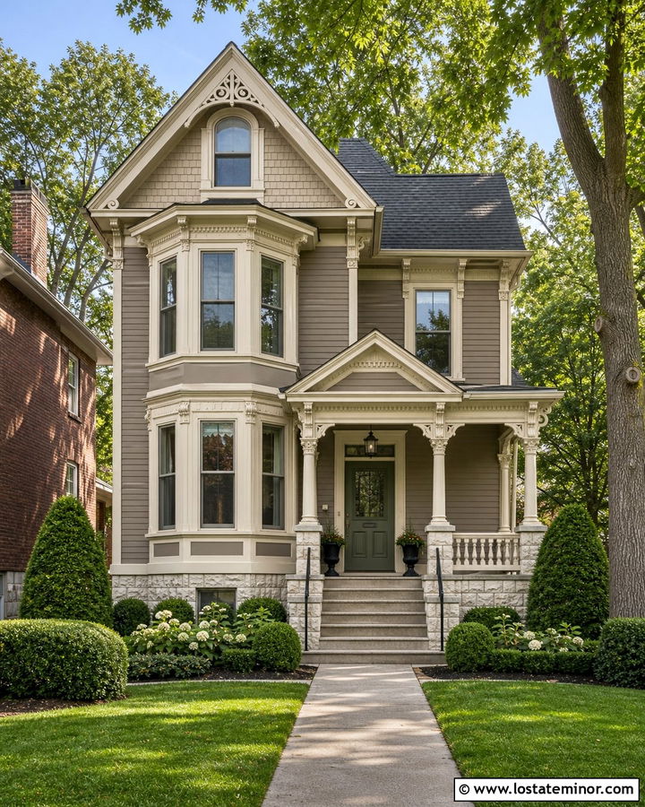 Taupe Victorian House With Cut Stone - 30 Taupe House Design With Stone Accents Ideas