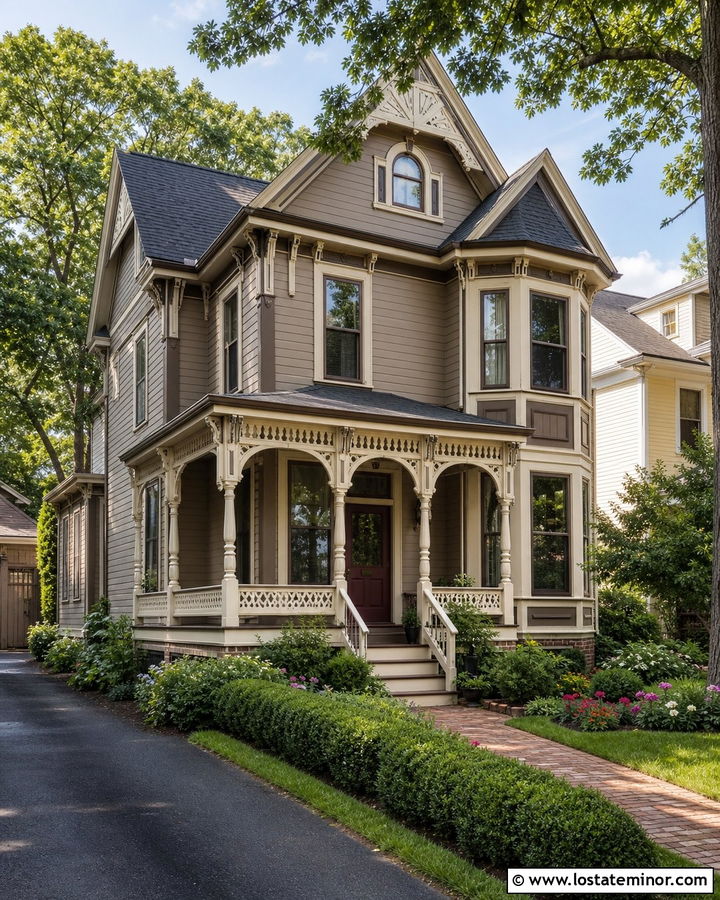 Taupe Victorian House With Decorative Portico - 30 Taupe House Design With Portico Ideas
