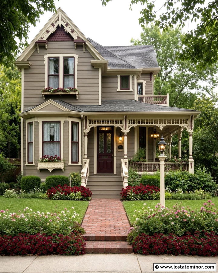 Taupe Victorian House With Decorative Window Boxes - 30 Taupe House Design With Window Boxes Ideas