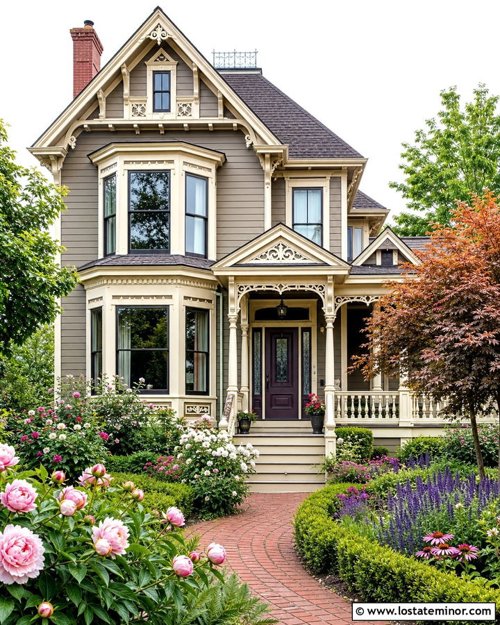 Taupe Victorian House With Flower Filled Walkway - 30 Taupe House Design With Front Yard Ideas