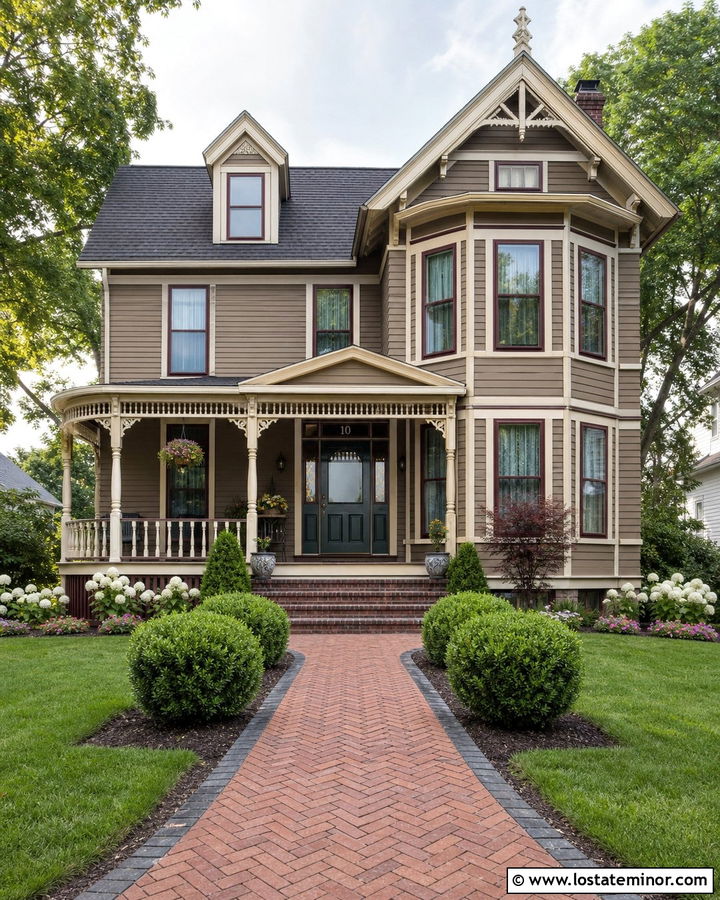 Taupe Victorian House With Herringbone Brick Walkway - 30 Taupe House Design With Walkway Ideas