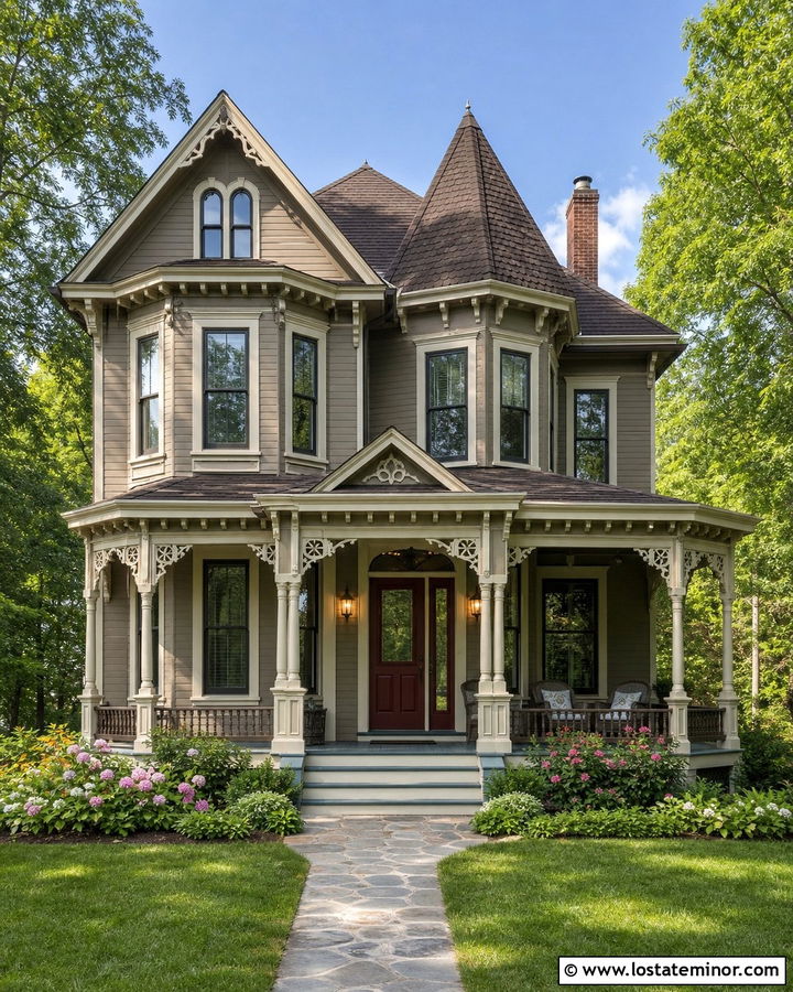 Taupe Victorian House With Layered Porch Lighting - 30 Taupe House Design With Lighting Ideas
