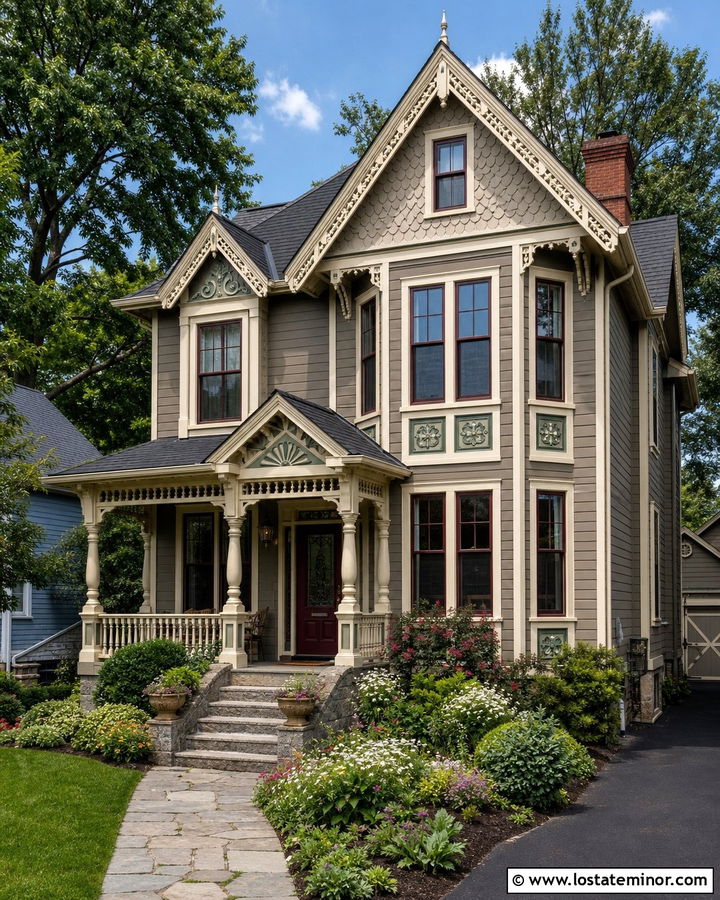 Taupe Victorian House With Ornate Gables - 30 Taupe House Design With Gables Ideas