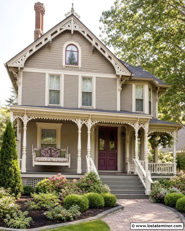 Taupe Victorian House With Painted Porch Daybed - 30 Taupe House Design With Daybed Ideas