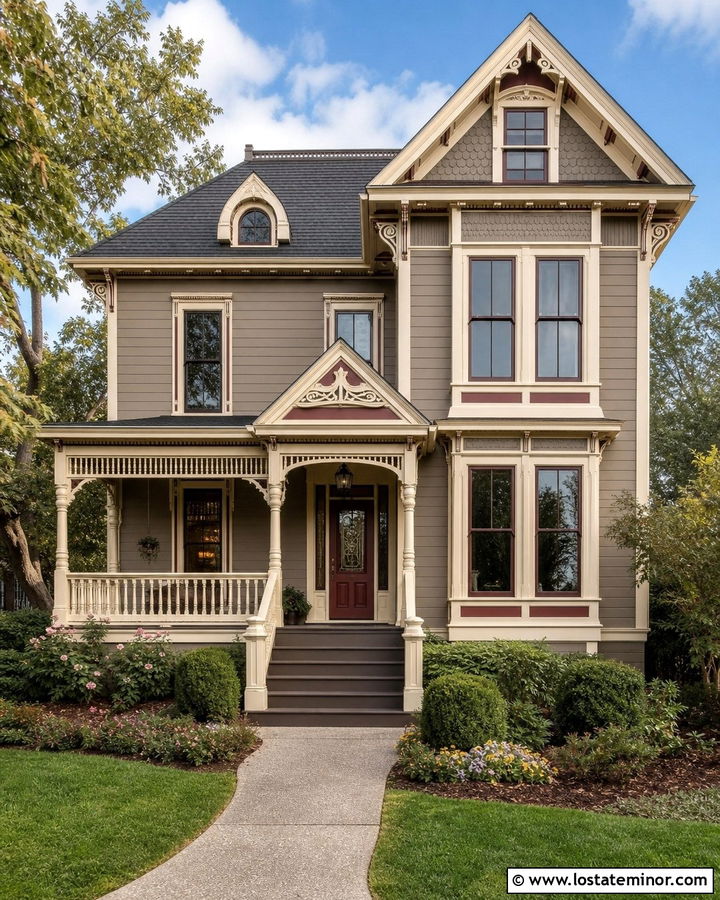 Taupe Victorian House With Painted Wood Steps - 30 Taupe House Design With Steps Ideas