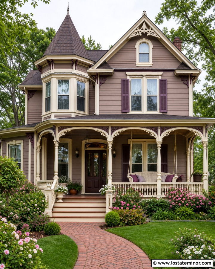 Taupe Victorian With Curved Porch Swing - 30 Taupe House Design With Swing Ideas