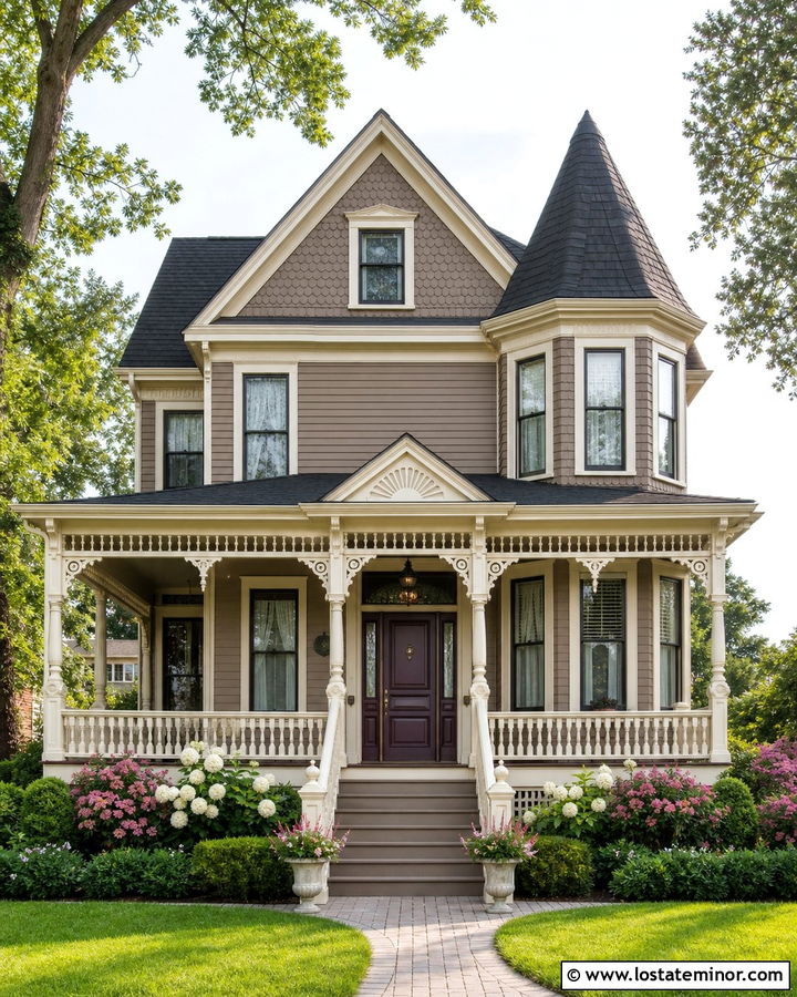 Taupe Victorian With Detailed Front Porch - 30 Taupe House Design With Front Porch Ideas
