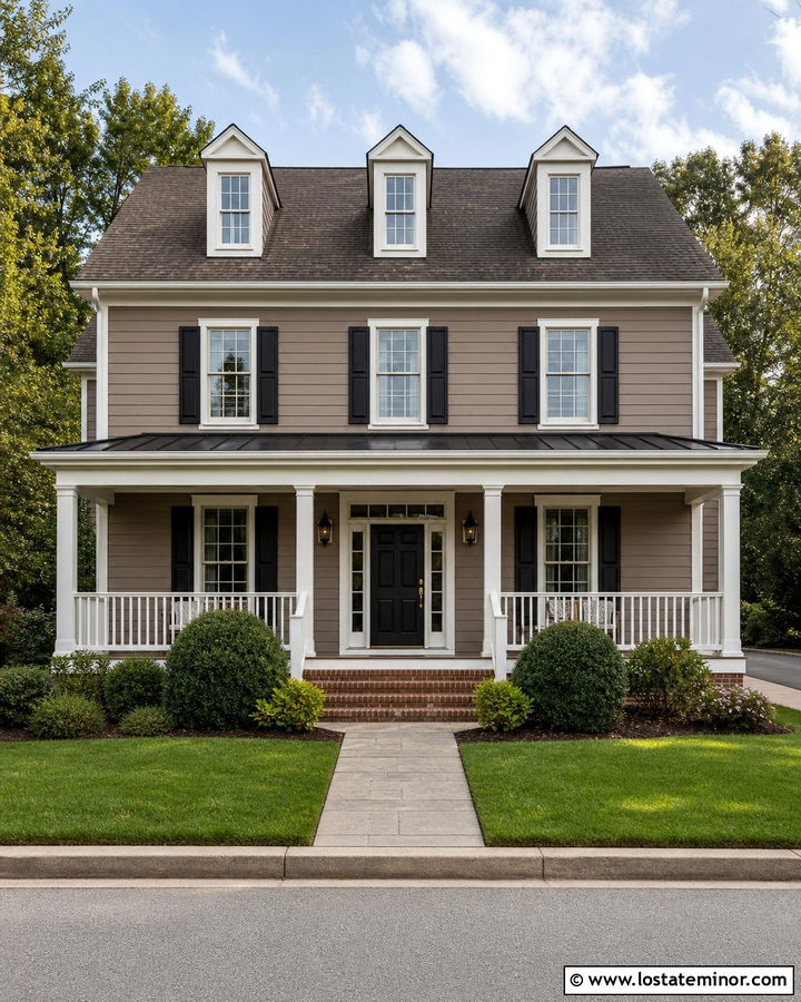 Tavern Taupe House With Black Shutters And White Porch Columns - 30 Taupe House Design With Porch Columns Ideas