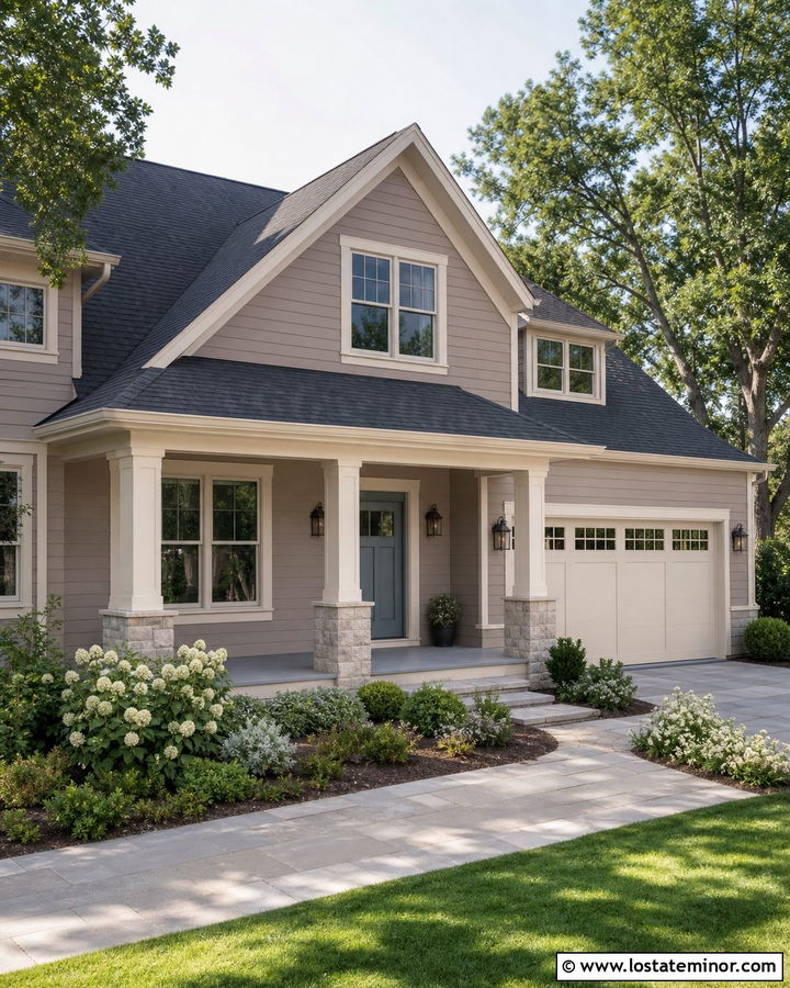 Temperate Taupe House With Blue Door And Stone Porch Columns - 30 Taupe House Design With Porch Columns Ideas