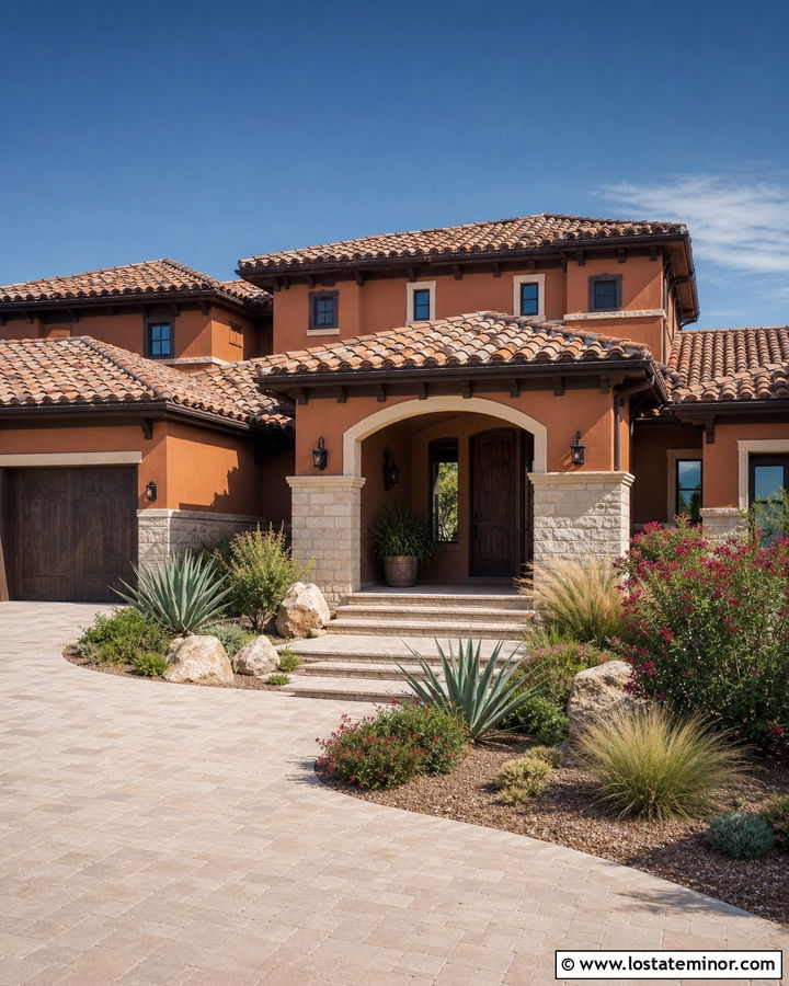 Terracotta Stucco With Cream Stone Wainscoting - 30 Stone House Design With Wainscoting Ideas