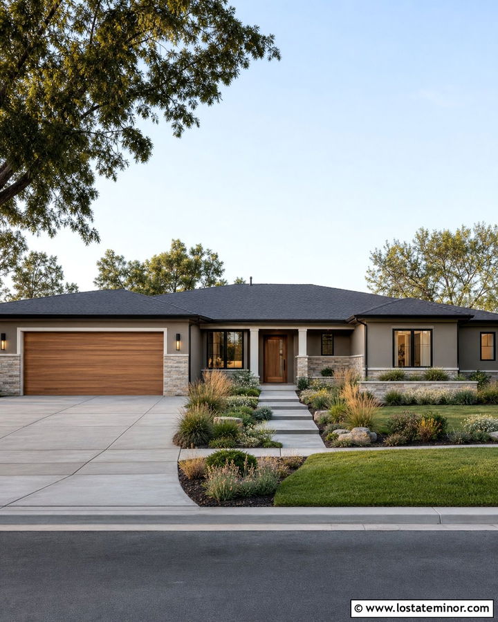 Thunder House With Stone Garage Columns - 30 Greige House Design With Stone Accents Ideas