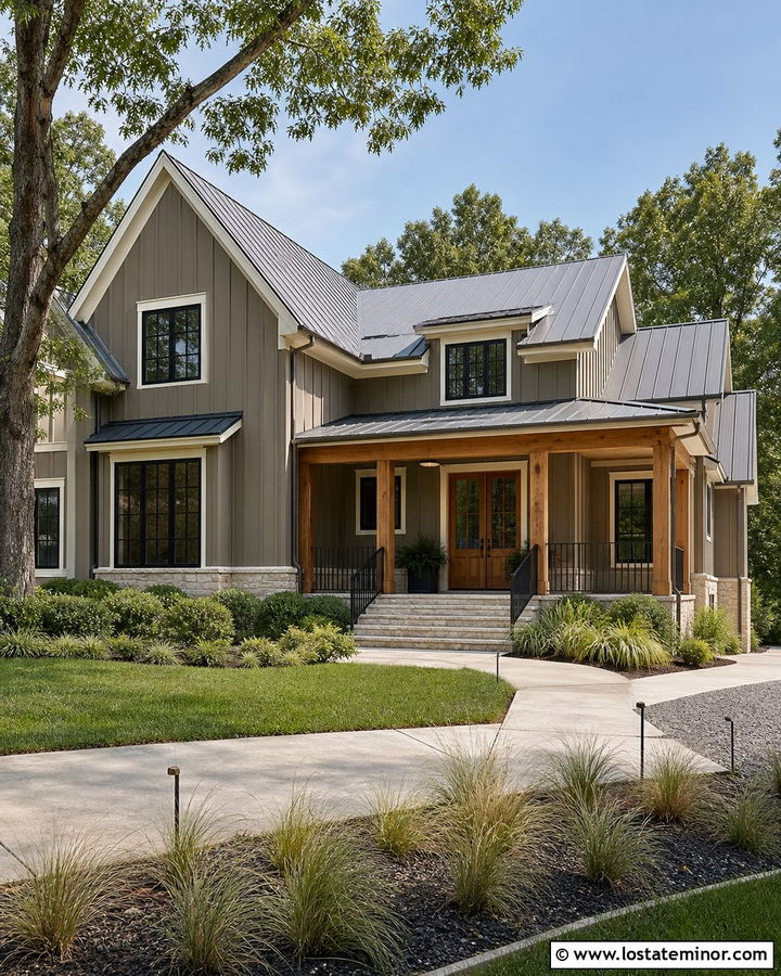 Tony Taupe Board And Batten House With Cedar Porch Columns - 30 Taupe House Design With Porch Columns Ideas