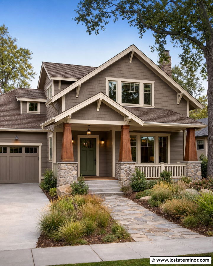 Tony Taupe Craftsman With Tapered Stone Porch Columns - 30 Taupe House Design With Porch Columns Ideas