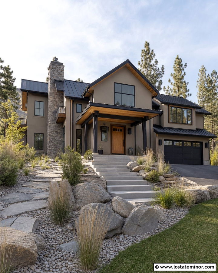 Tony Taupe House With Cedar Ceiling And Black Beams - 30 Beige House Design With Porch Ceiling Ideas