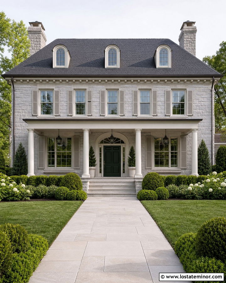 Traditional Stone House With Classic Porch Columns - 30 Stone House Design With Porch Columns Ideas